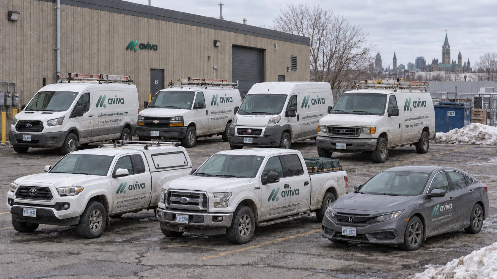 Representative Aviva-branded service vans, trucks, and a car with Ontario plates parked outside a workshop, Ottawa skyline behind
