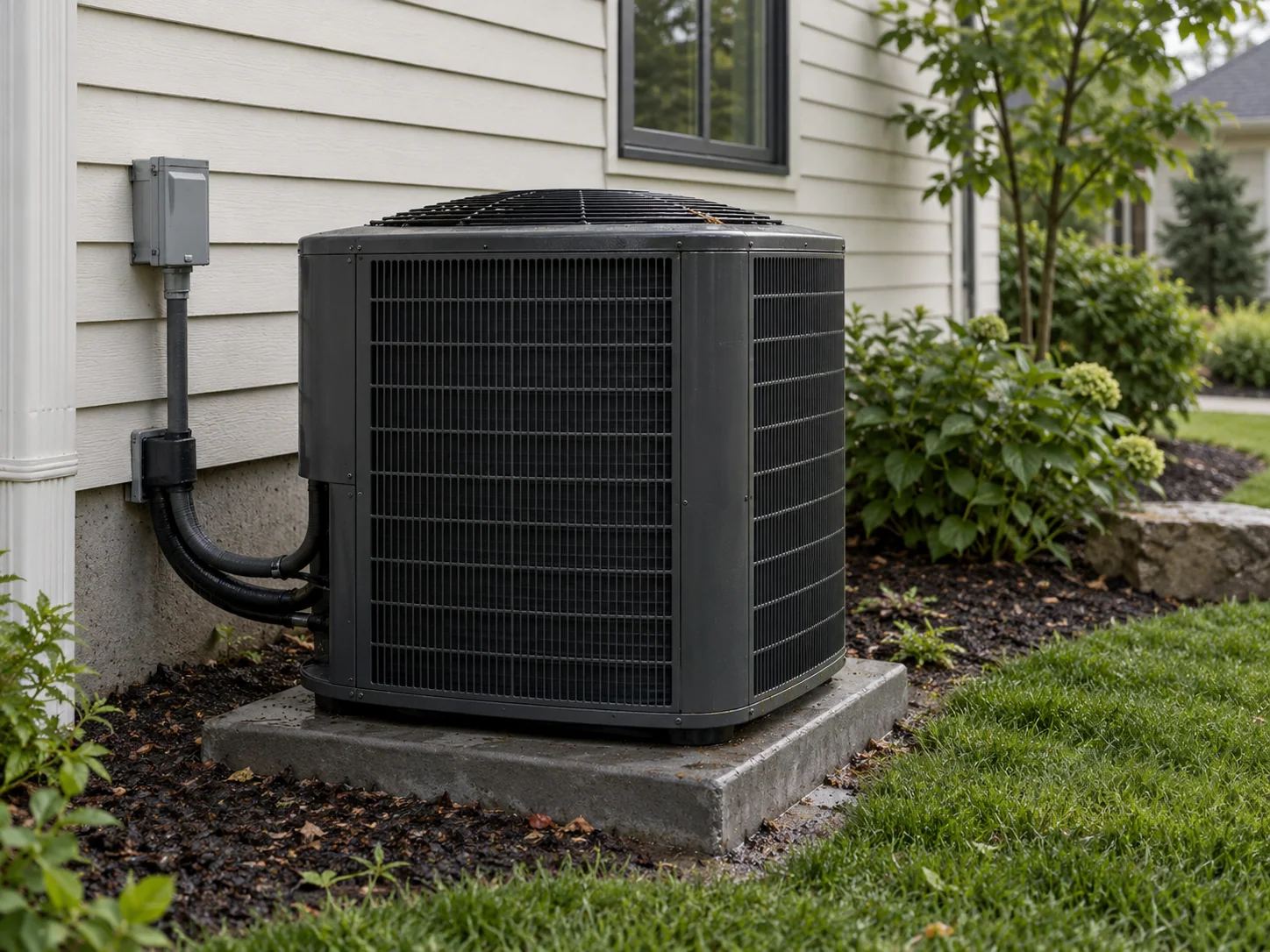 An outdoor residential air conditioner condenser installed on a pad beside a home