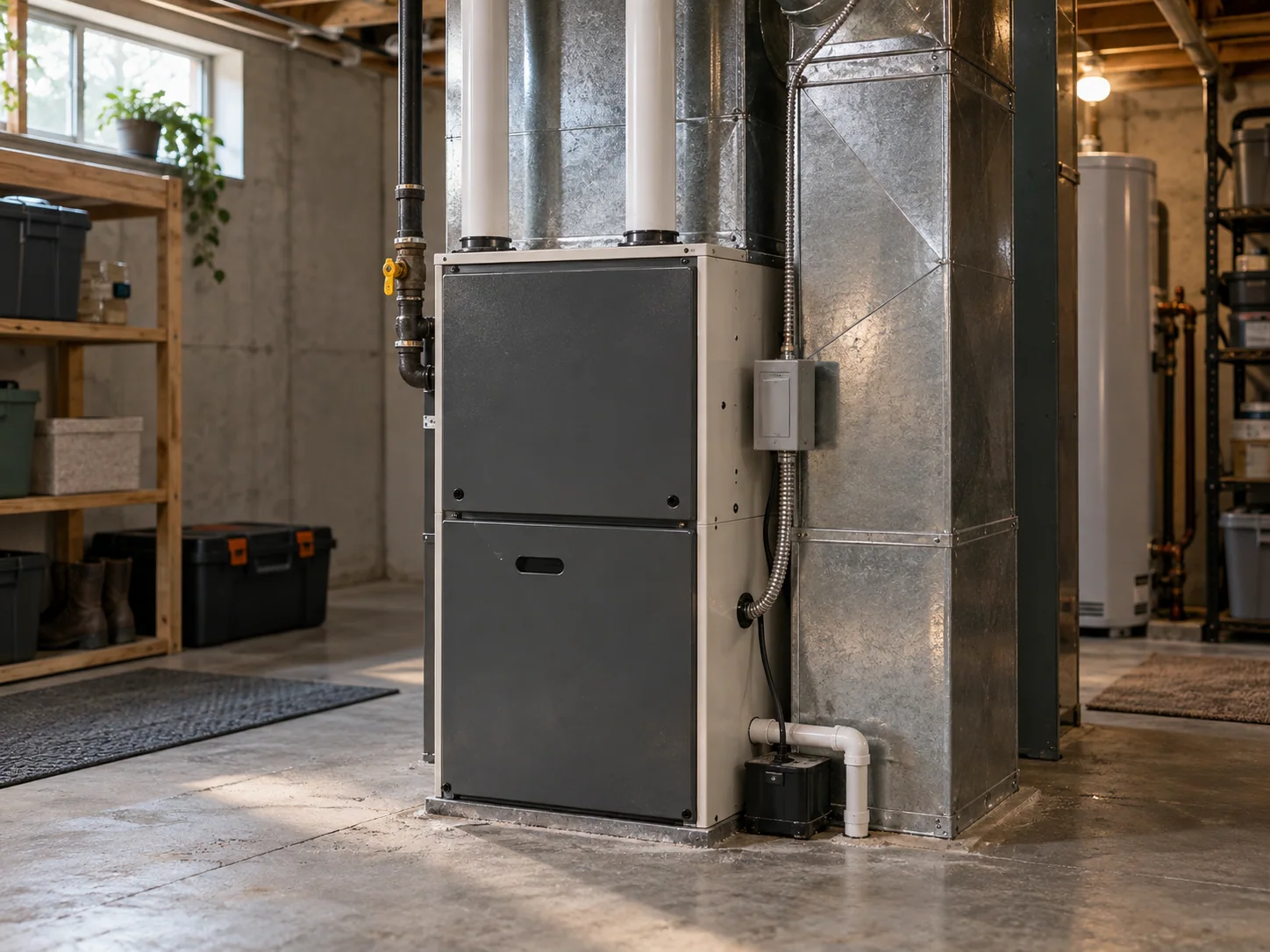 A high-efficiency gas furnace installed in a basement mechanical space with new venting and ductwork