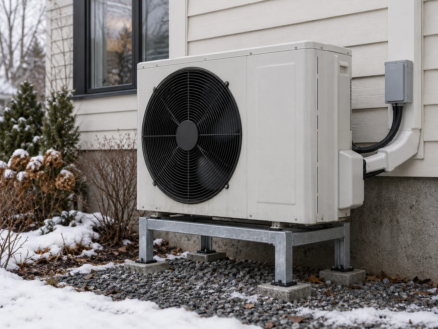 An outdoor cold-climate heat pump unit installed on a bracket beside a residential wall