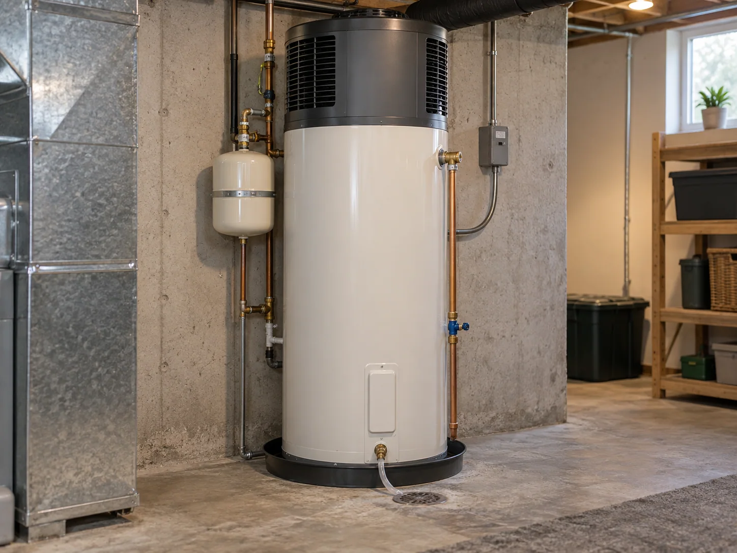 A heat pump water heater installed in a basement utility area with its upper heat pump module and plumbing connections visible