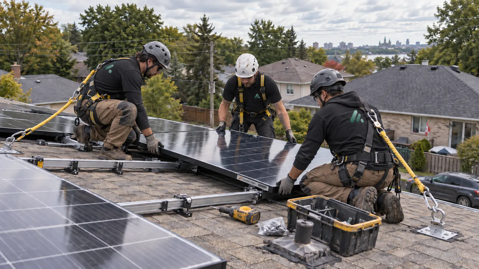 Three harnessed installers in matte black Aviva-branded workwear mounting solar panels on a residential roof