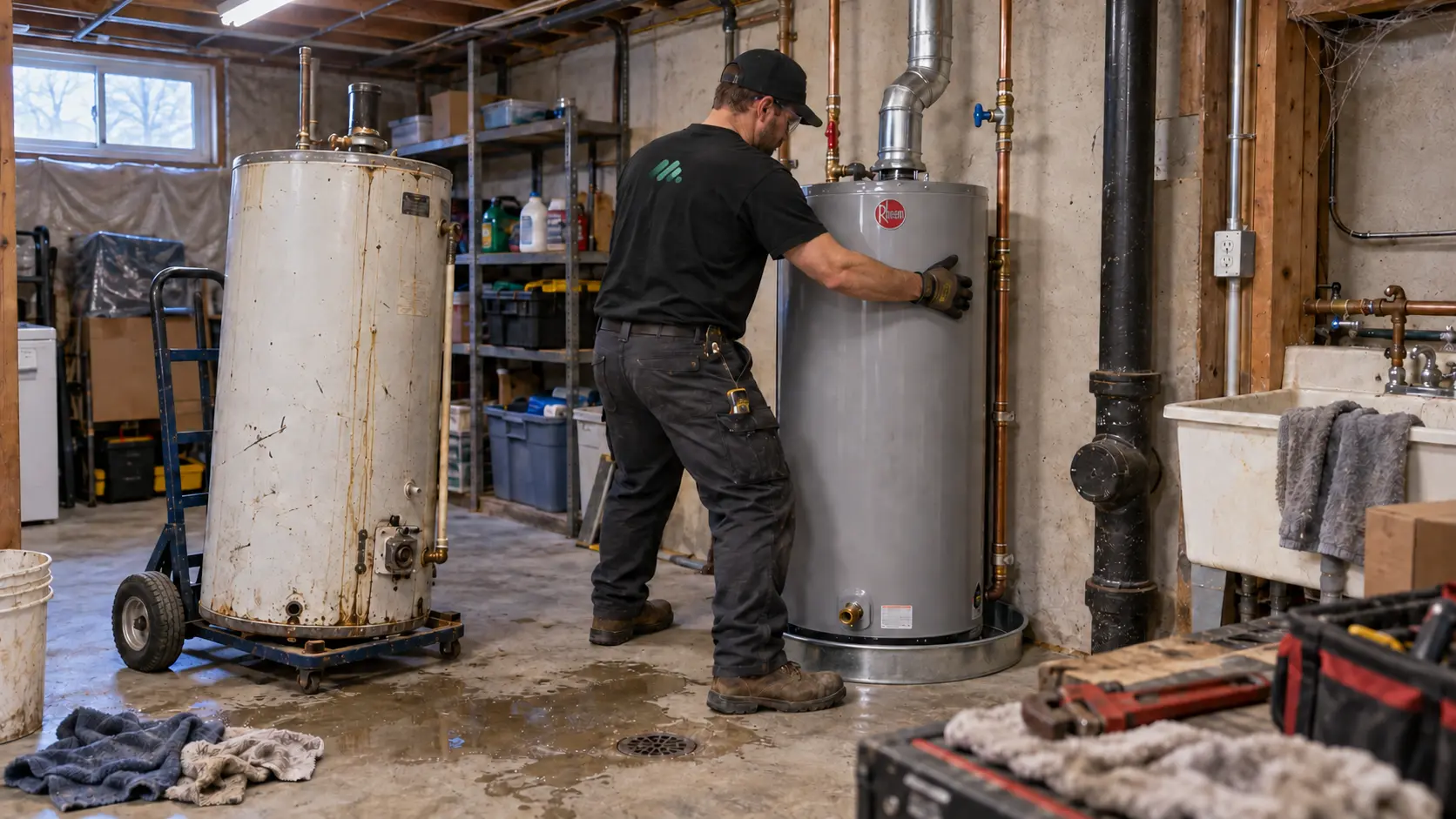 A technician in matte black Aviva-branded workwear setting a new gas water heater beside the old tank in a basement