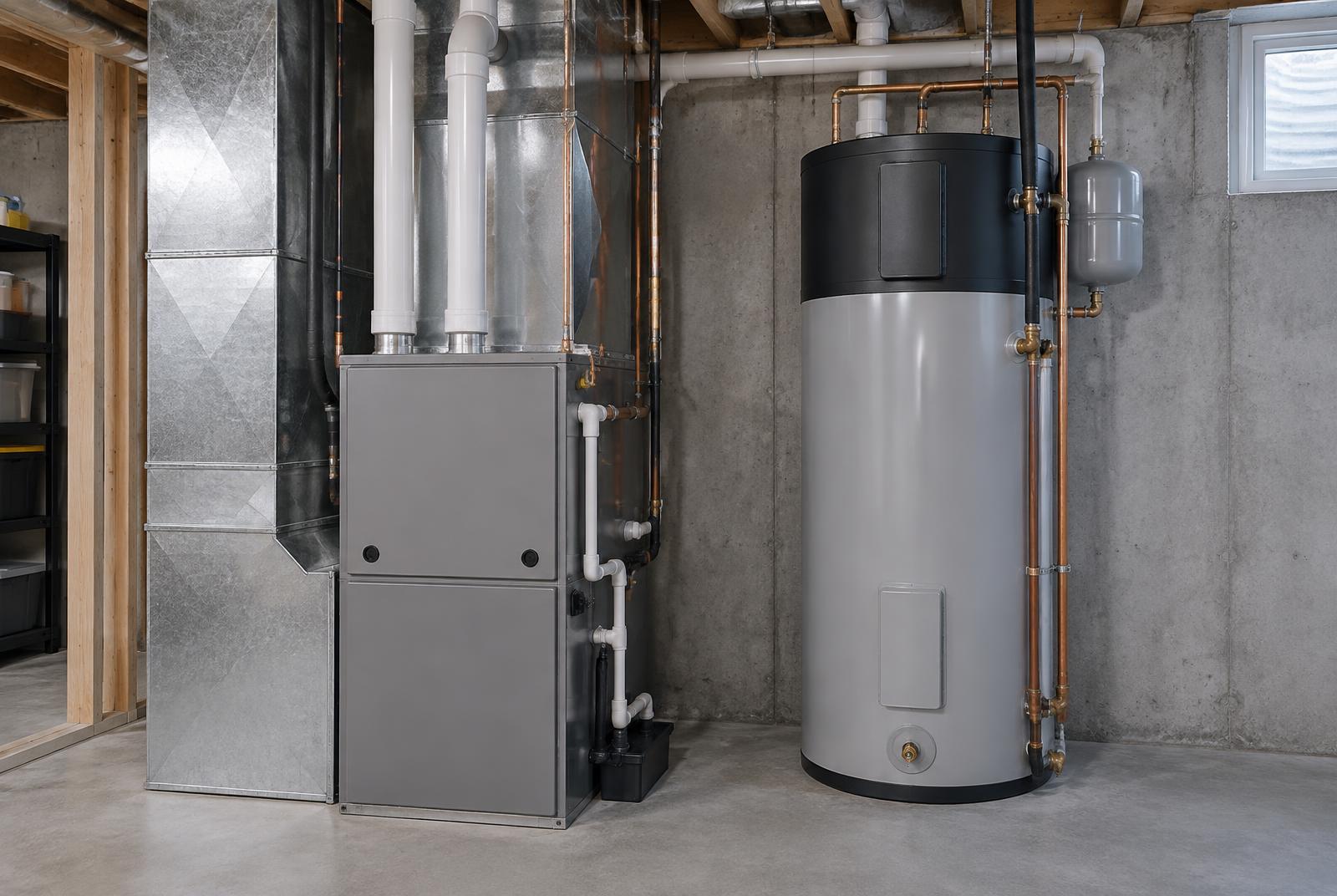 A tidy residential mechanical room with a furnace and water heater