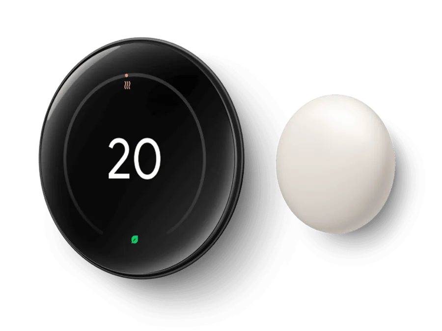 Google Nest Learning Thermostat shown beside a Nest Temperature Sensor, from the official Google Store product page